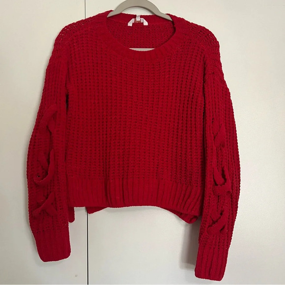 Juniors’ Candie’s Long Sleeve Hi-Lo Pullover Cropped Bow Sweater Red size XS - Picture 2 of 11